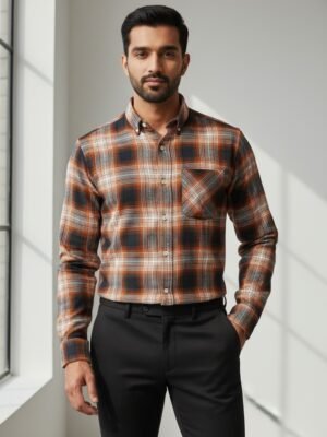 Rust Orange, Black & White Checkered Premium Cotton Shirt